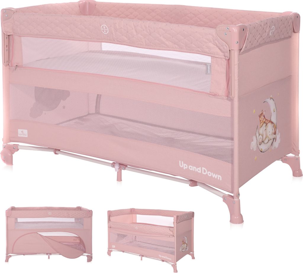 Lorelli 3in1 Babybett, Beistellbett und Laufstall Up and Down, Kinderbett mit 2 Ebenen und faltbarer Seitenwand, Baby Reisebett, rosa