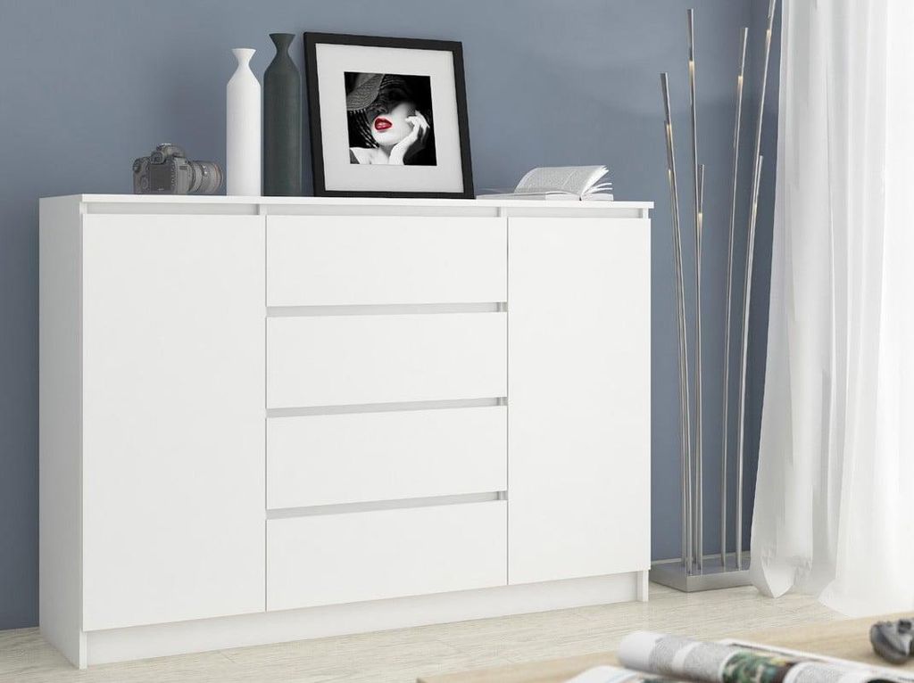 Kommode – Schubladenkommode – Sideboard mit 2 Türen und 4 Schubladen – 138 cm – Weiß Matt – Funktionale Aufbewahrung mit klarer Linienf...