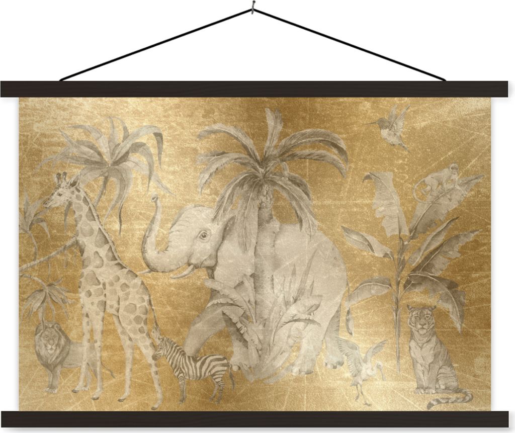 MuchoWow Textilposter Dschungel - Kinder - Gold - Tiere 120x80 cm mit schwarzem Rahmen - Wanddeko