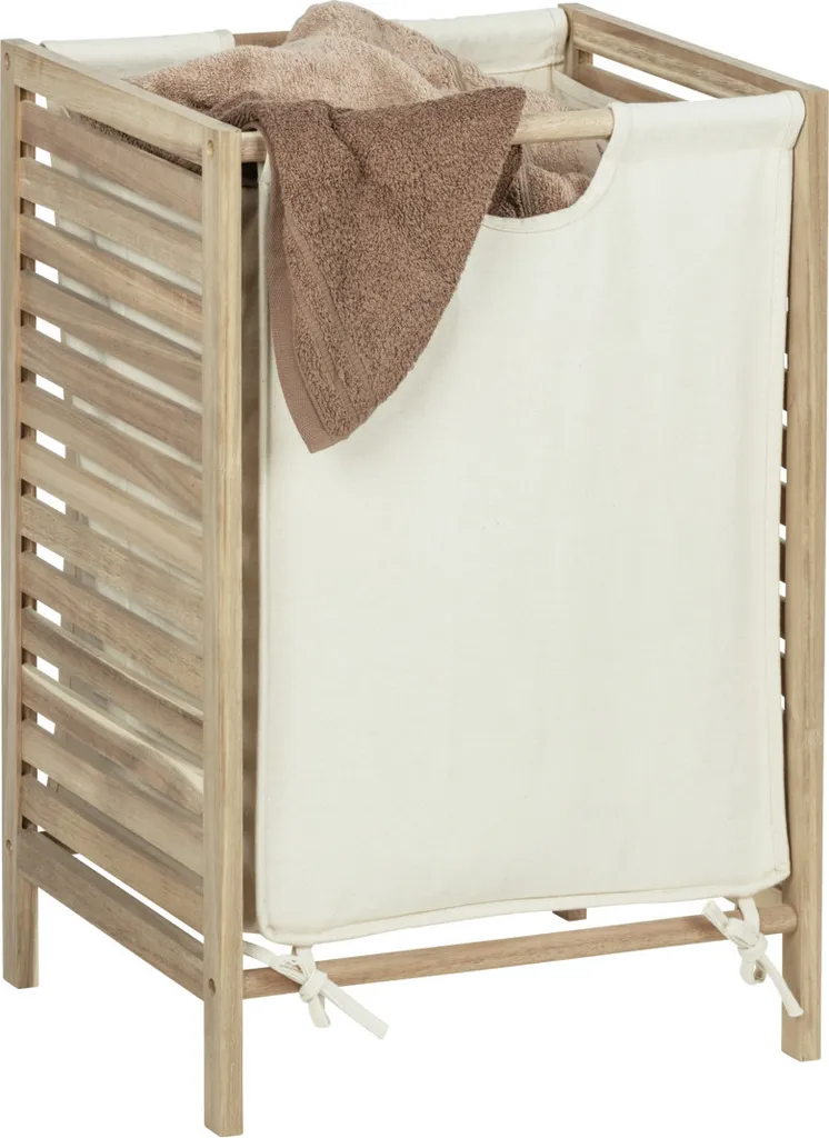 WENKO ACINA Panier à linge en bois d'acacia avec sac amovible blanc