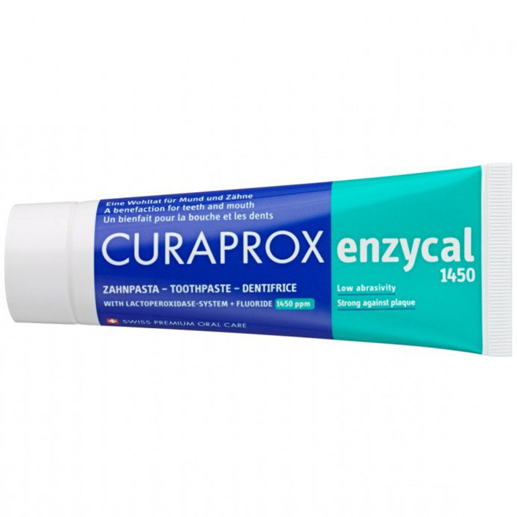 A tube of Curaprox Enzycal toothpaste is shown against a white background.