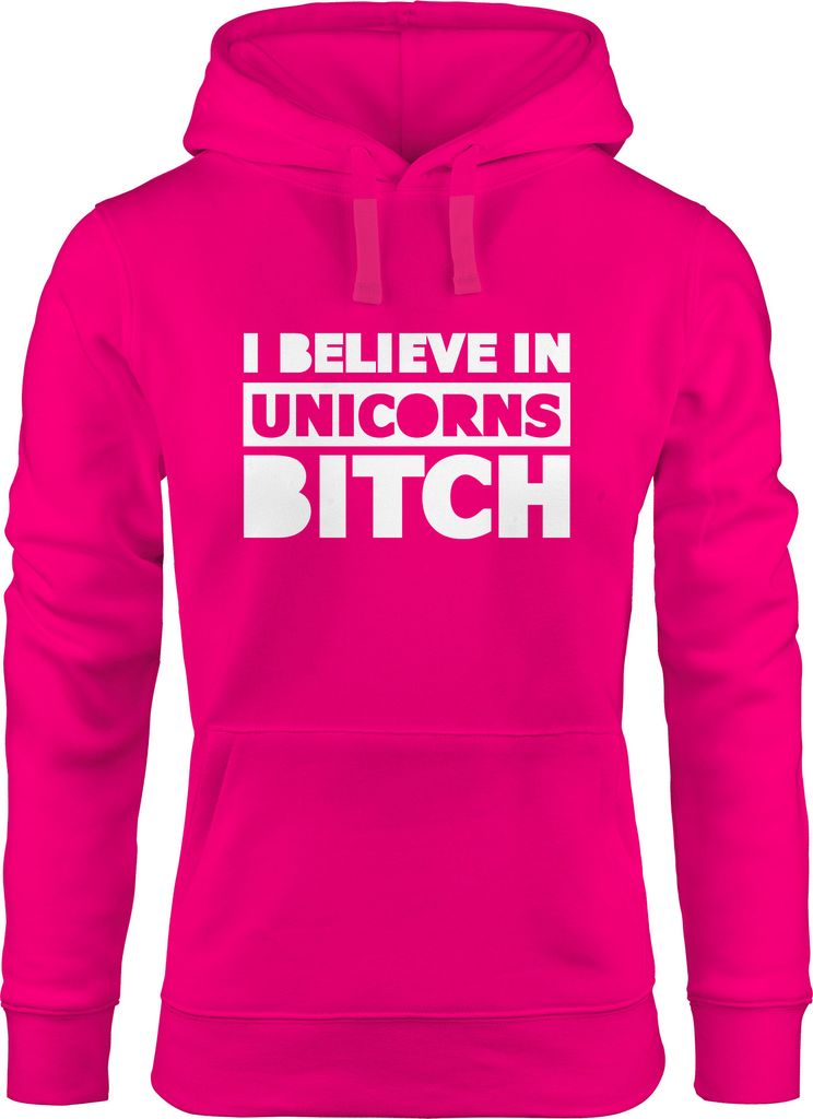 Kapuzen-Pullover Damen mit Spruch i believe in Unicorns bitch Hoodie Moonworks pink M