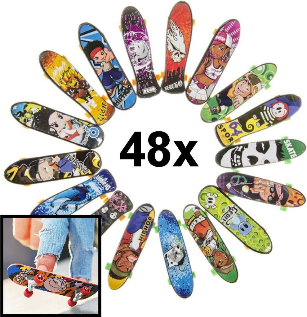 48 Stück Fingerboards Set - Mini Finger Skateboards in Mix-Designs, je 9,5 x 2,5 x 1 cm - Mitgebsel und Geschenke für Kindergeburtstag, Schule, K...