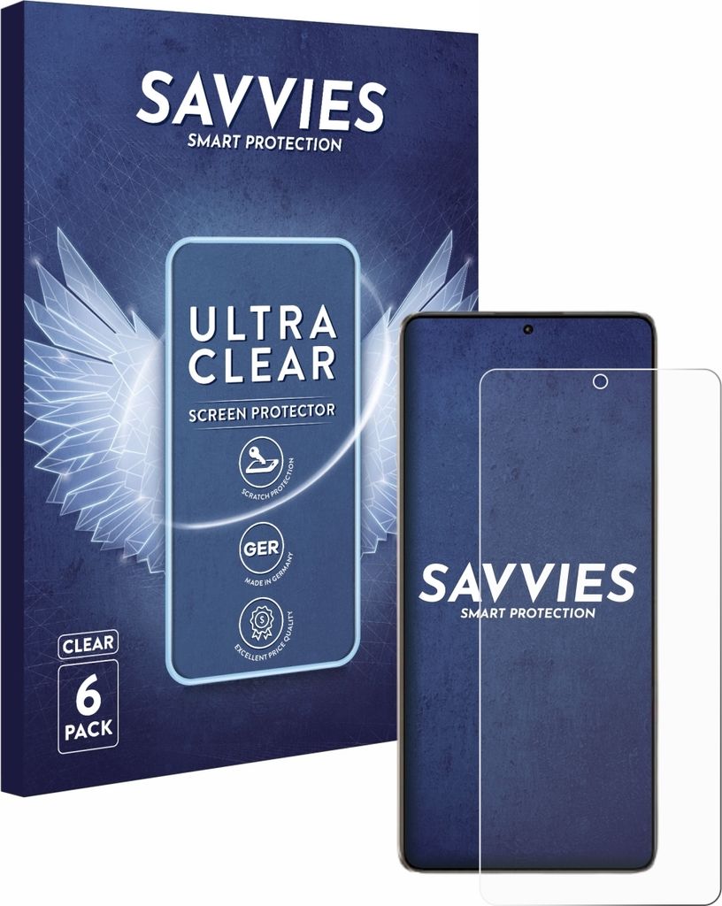 A product box and a screen protector for a smartphone are shown.