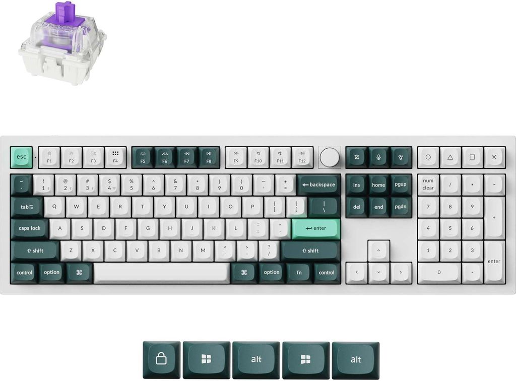 A top-down view of a white mechanical keyboard with dark green and light green keycaps, and a single purple switch shown above it.