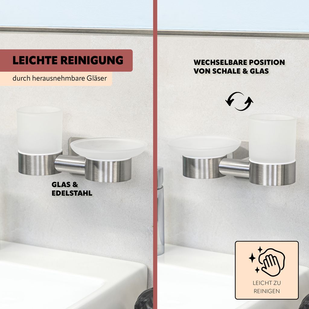 Bremermann Serie Bagno Piazza Tape - Porta Spazzolini Doppio Con Bicchiere In Vetro E Portasapone, Acciaio Inox, Fissaggio Adesivo 3M