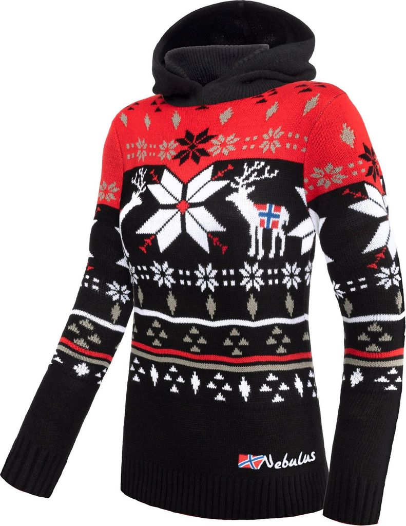 Nebulus Norweger Strick-Hoodie NORJAN Damen, warmer Hoody , schicker Pullover im Norweger-Style , P6186 - Damen, schwarz-rot, L/40