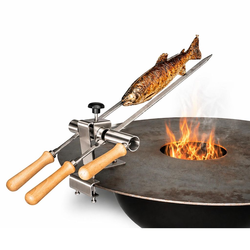 Steckerlfisch Halter für Grillplatten mit 2 Edelstahlspießen