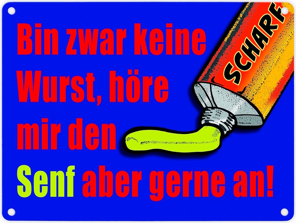 Bin zwar keine Wurst Metallschild in 15x20 cm im Comicstil mit Senf Motiv und