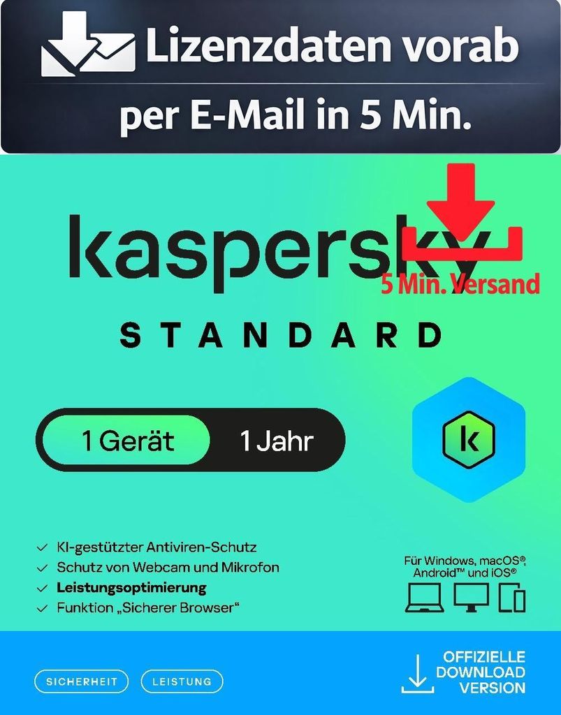 Kaspersky Standard (1 Device - 1 Jahr) DACH ESD Antivirus Sicherheit 5 Min. Versand als Download per Mail