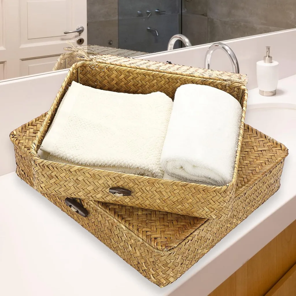 Rangement salle de bain en rotin caramel avec couvercle - lot de 2