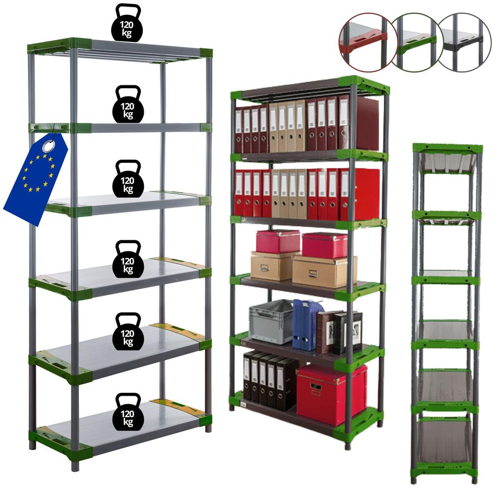 MODO24 Kunststoffregal, 6 Ablagen, 120kg/Boden, Schwerlast, Steckregal, Lagerregal, Plastikregal, Werkstatt, 222x100x46?cm, Grün, JUPITER