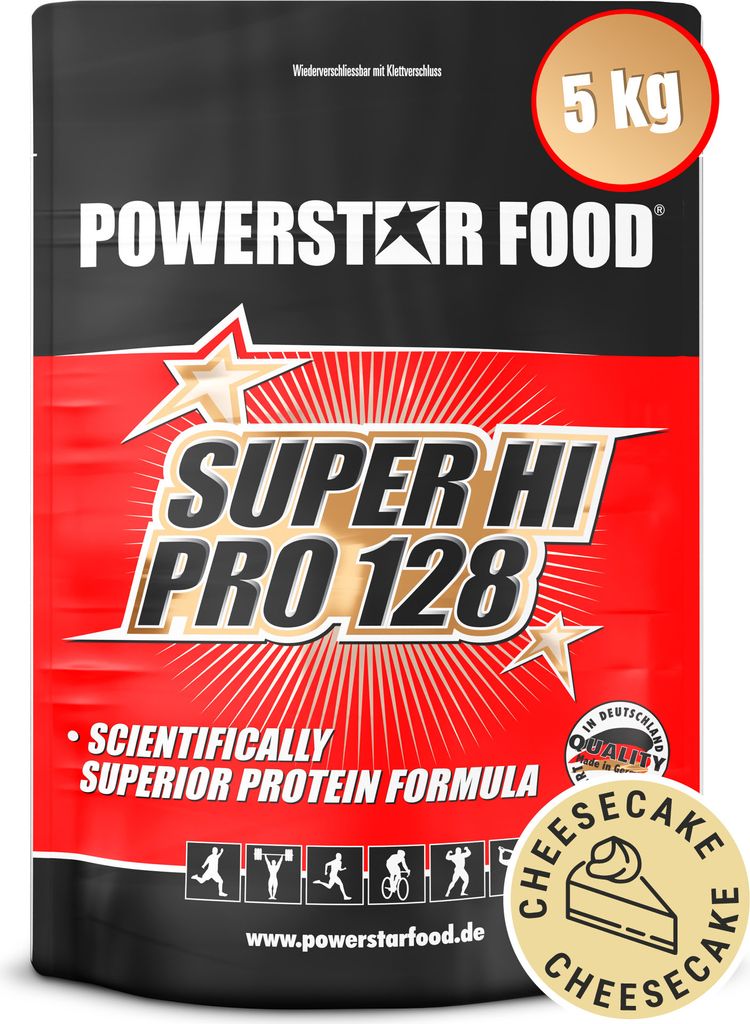 Powerstar SUPER HI PRO 128 | Mehrkomponenten Protein-Pulver 5kg | Höchste Biologische Wertigkeit | Protein-Shake zum Muskelaufbau | Cheesecake