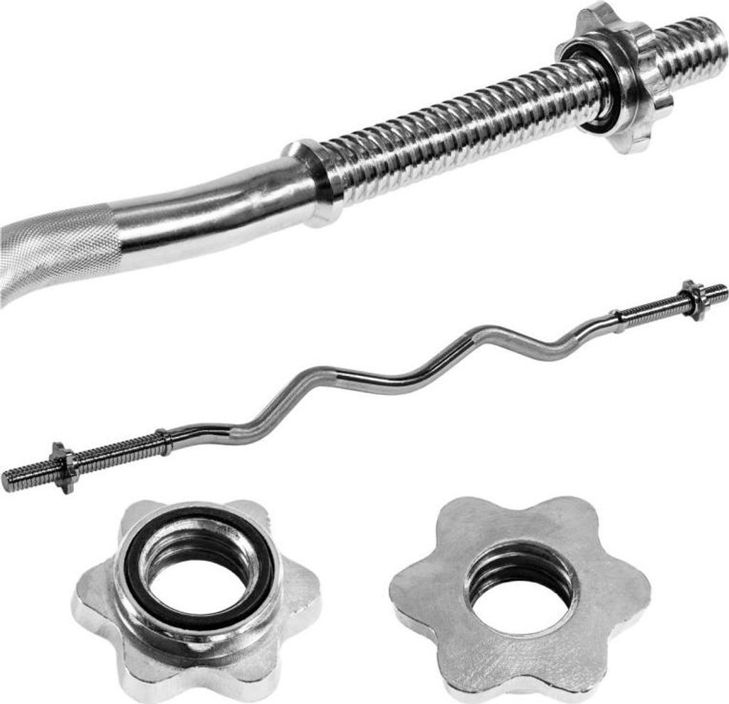 A set of weightlifting equipment, including a curl bar and weight collars, displayed against a white background.