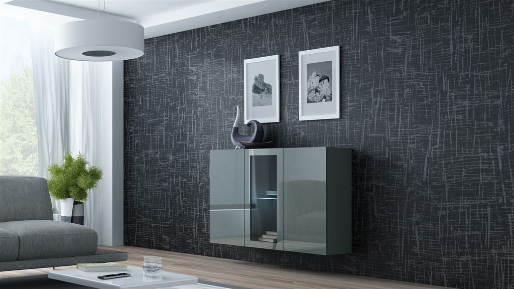 Sideboard Hängesideboard "LUGO" 120x38x90 cm Grau Hochglanz inkl. LED