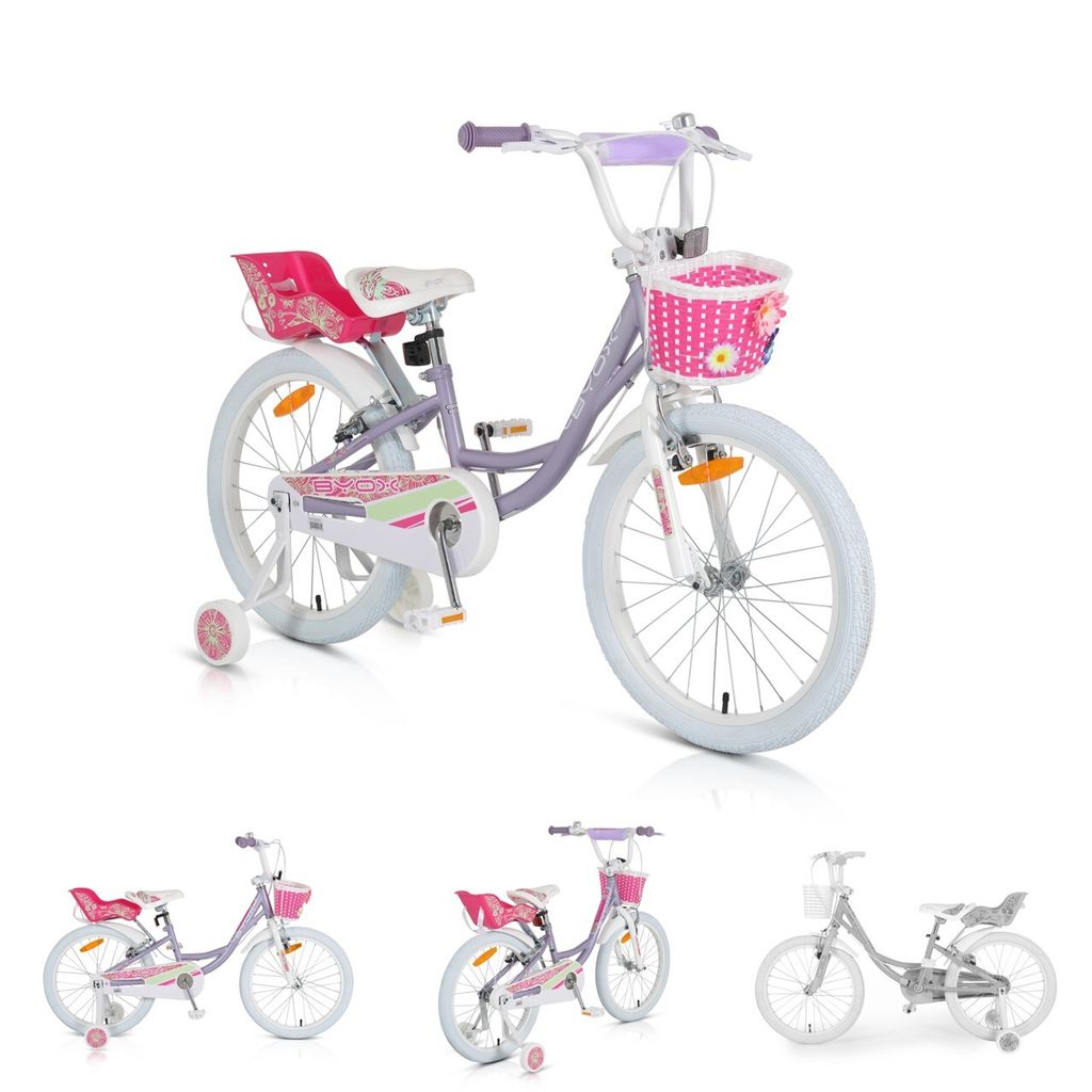 Byox Kinderfahrrad 20 Zoll Fashion Girl, Stützräder, Korb am Lenker, Puppensitz lila
