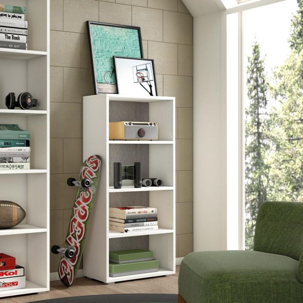 Moderne Design-Bücherregal für Büro, Studio oder Wohnzimmer, 4 Fächer, Weiß Grau