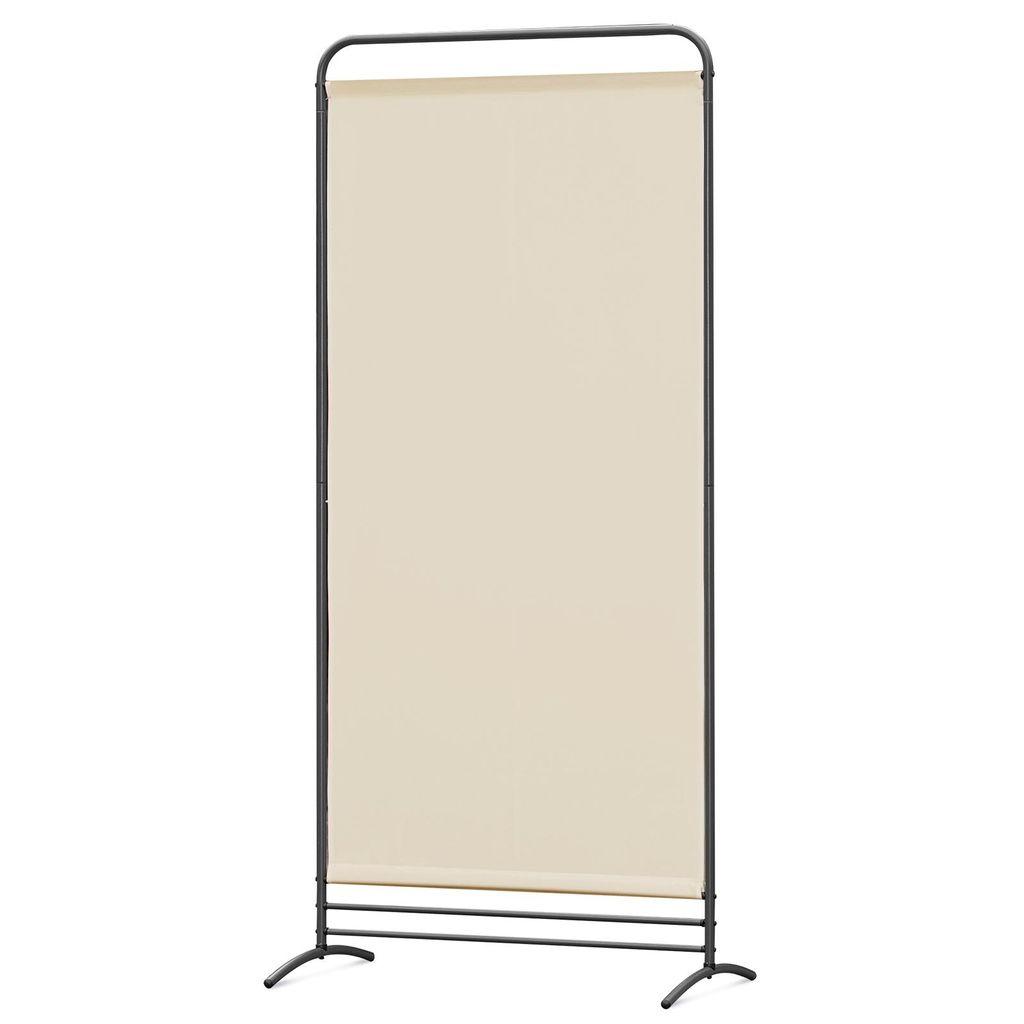 A freestanding room divider with a beige fabric panel and a black metal frame, shown against a white background.