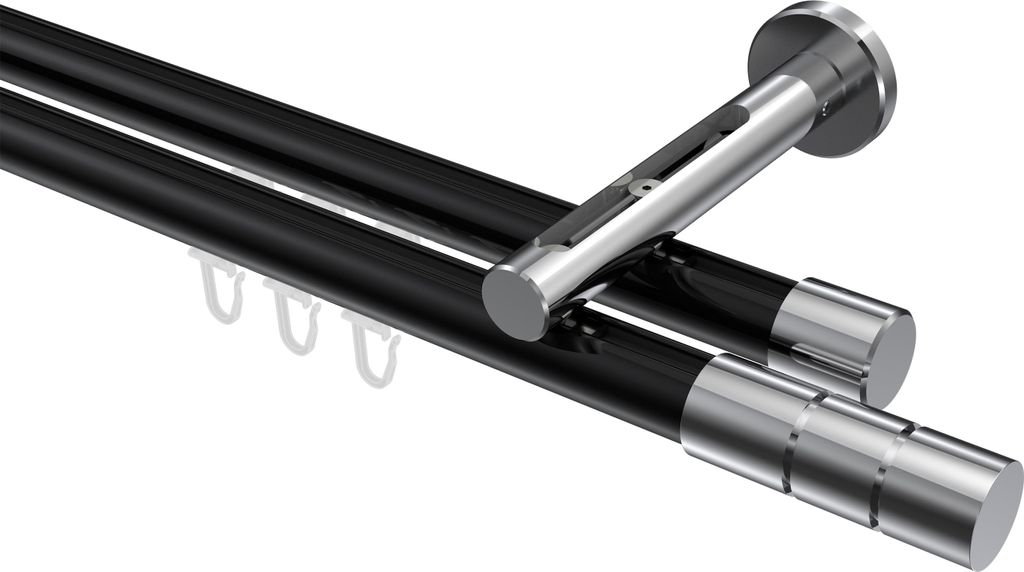 Interdeco Innenlaufstange / Gardinenstange mit Innenlauf Schwarz / Chrom, Typ Siteno Elanto (Rillenzylinder), 20 mm Ø 2-läufig, 480 cm
