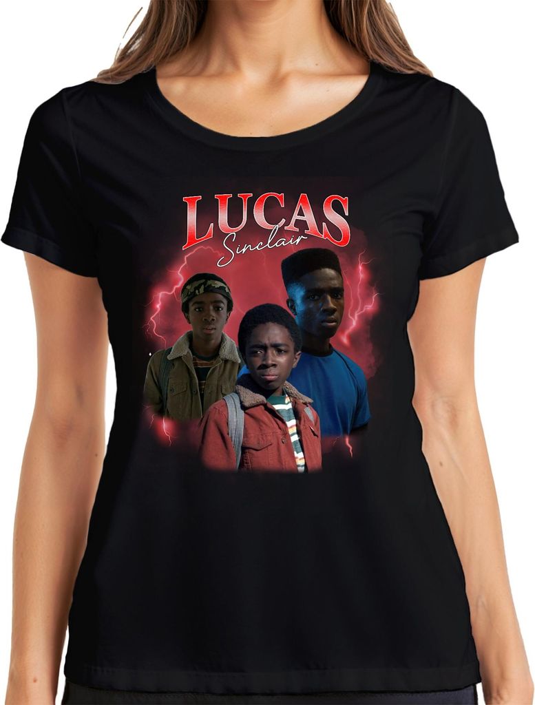 Lucas Sinclair Stranger Fan Geschenk Vintage 80er Retro 90er Bootleg Damen T-Shirt, Schwarz, 3XL