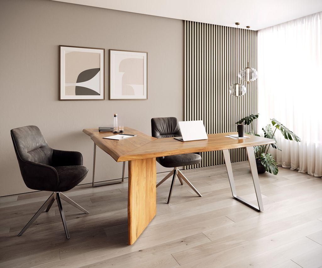DELIFE Schreibtisch Live-Edge 170x170 Akazie Natur Gestell Silber Baumkante