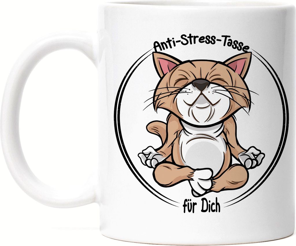 Anti-Stress Tasse Meditation Lustig Spruch Ironie Katze Geschenk-Idee Bürokollegen Chillen Yoga
