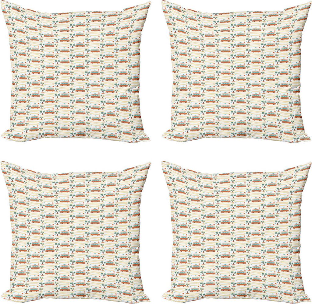 ABAKUHAUS Glücklicher Camper Kissenbezug Set (4 Stück), Hippie Van auf Straße, Moderner Doppelseitiger Digitaldruck, 60 cm x 60 cm, Orange Creme...