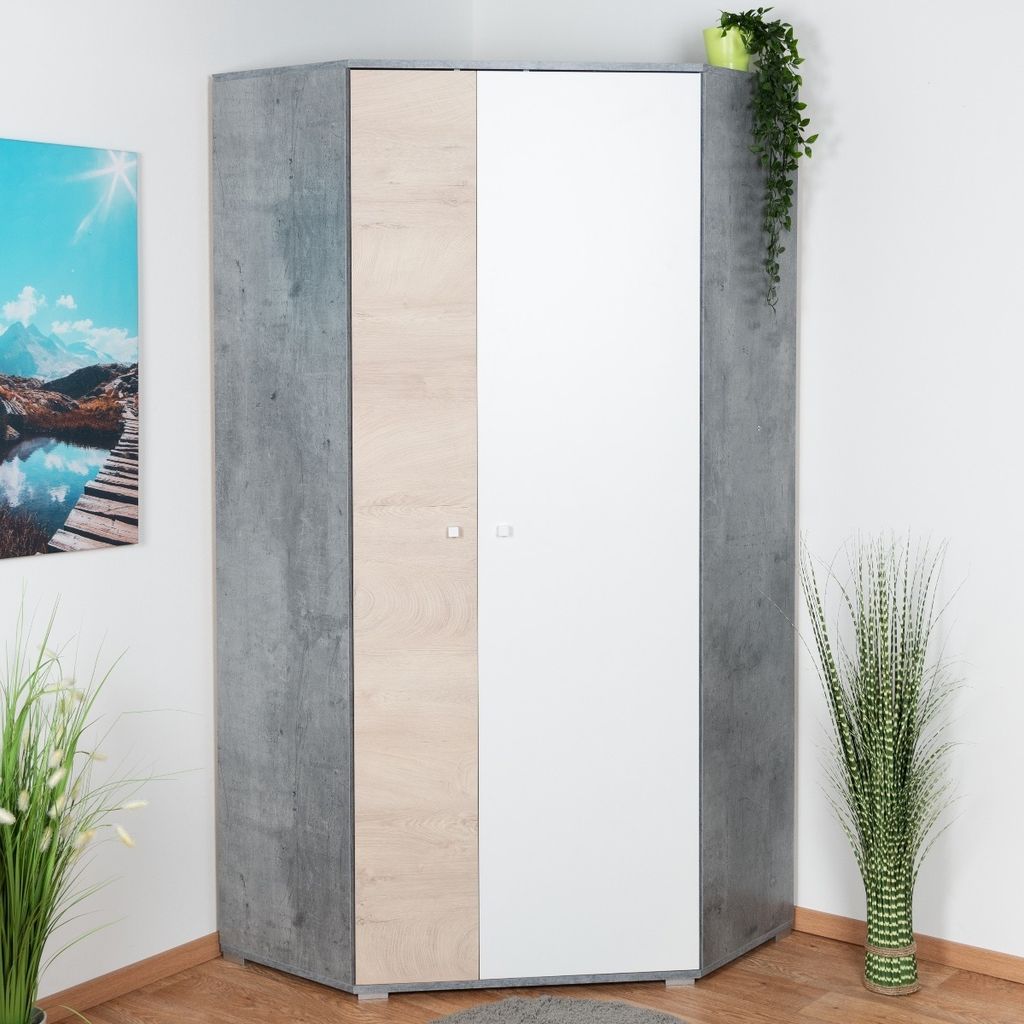 Jugendzimmer Drehtürenschrank / Eckschrank Lede 02, Farbe: Grau / Eiche / Weiß - Abmessungen: 190 x 90 x 90 cm (H x B x T)