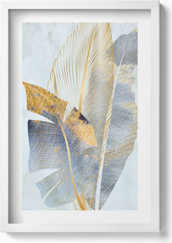 Glamour-Bananenblätter mit Gold– Wandbild mit Rahmen – Gerahmtes Bild – Wanddekoration – 40x60 cm – Weiß