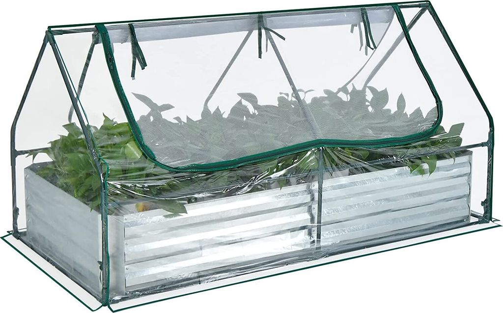 Gewaechshaus mit Frühbeet, Foliengewaechshaus mit Metall-Pflanzkasten, Treibhaus mit 2 Fenstern zum Aufrollen & Metallrahmen, Blumenbeet ohne Bode...