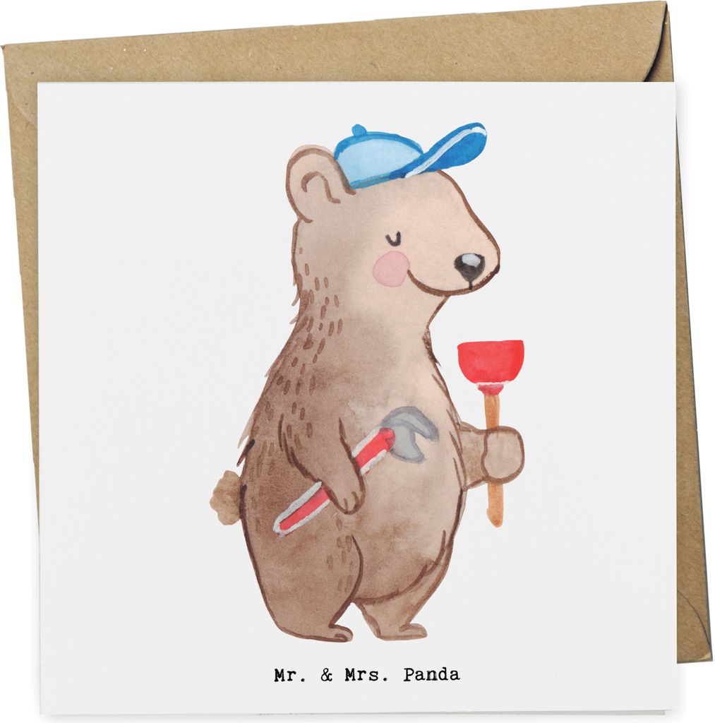 Mr. & Mrs. Panda Grußkarte Klempner Herz - Weiß - Geschenk, doppelkarte, Glückwunschkarte, Handwerker, Sanitärinstallationen, Klappkarte, Fachb...