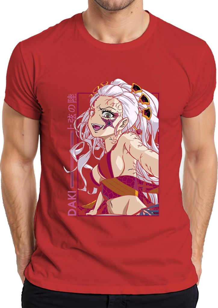 Daki Kimetsu no Yaiba Anime weisse Haare Rissige Haut Otaku Herren T-Shirt, Rot, XXL