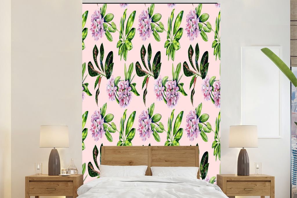 MuchoWow Fototapete für Wohnzimmer oder Schlafzimmer Wandtapete Vinyl Motivtapete Blumen - Blätter - Hortensie - 195x300 cm - Das Hintergrundbild
