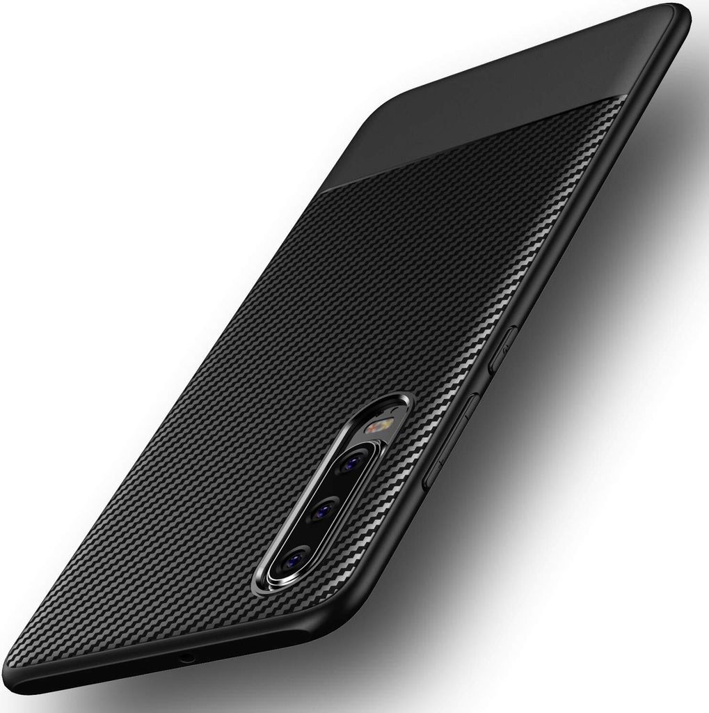 A black smartphone case with a carbon fiber texture is shown at an angle against a white background.