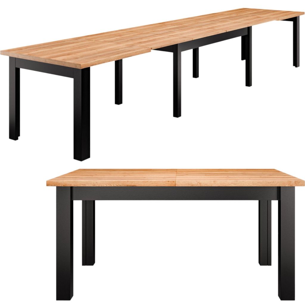 Two views of a wooden dining table with black legs against a white background.