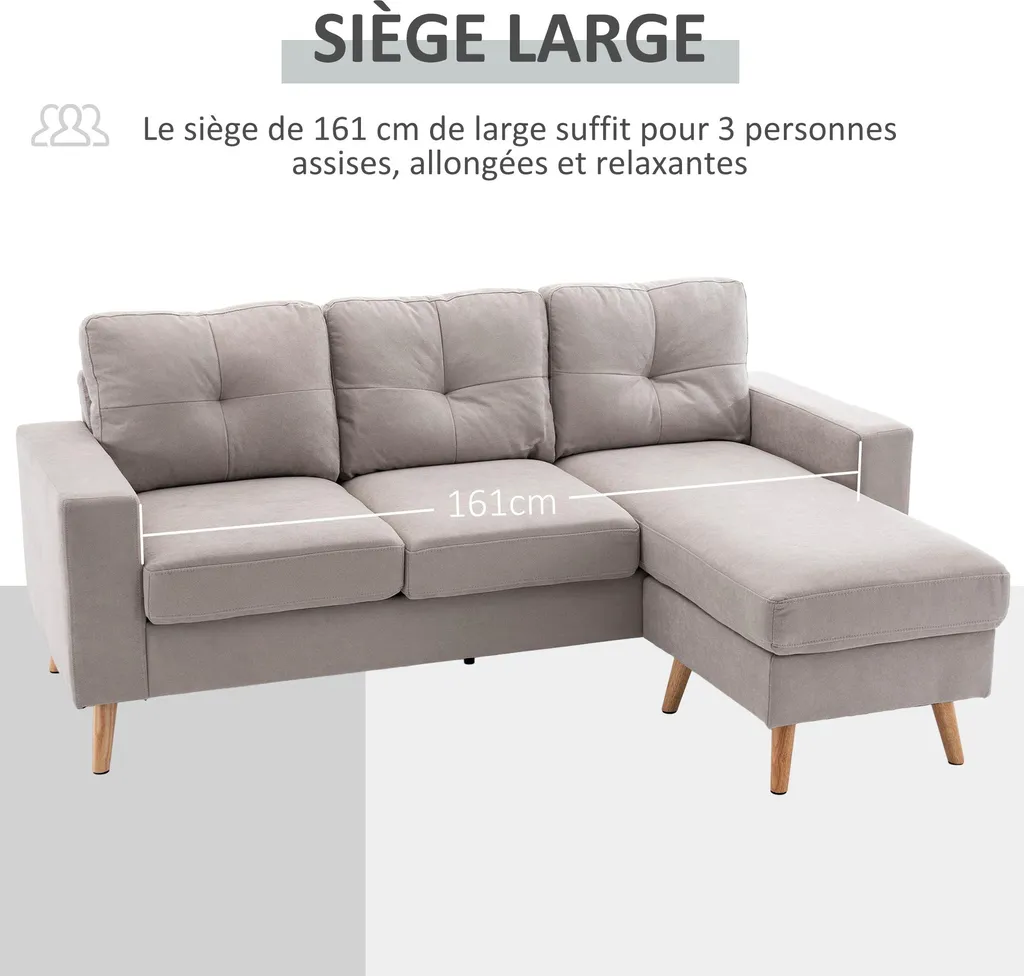 Canapé réversible 193 cm en lin gris clair avec pieds en bois massif
