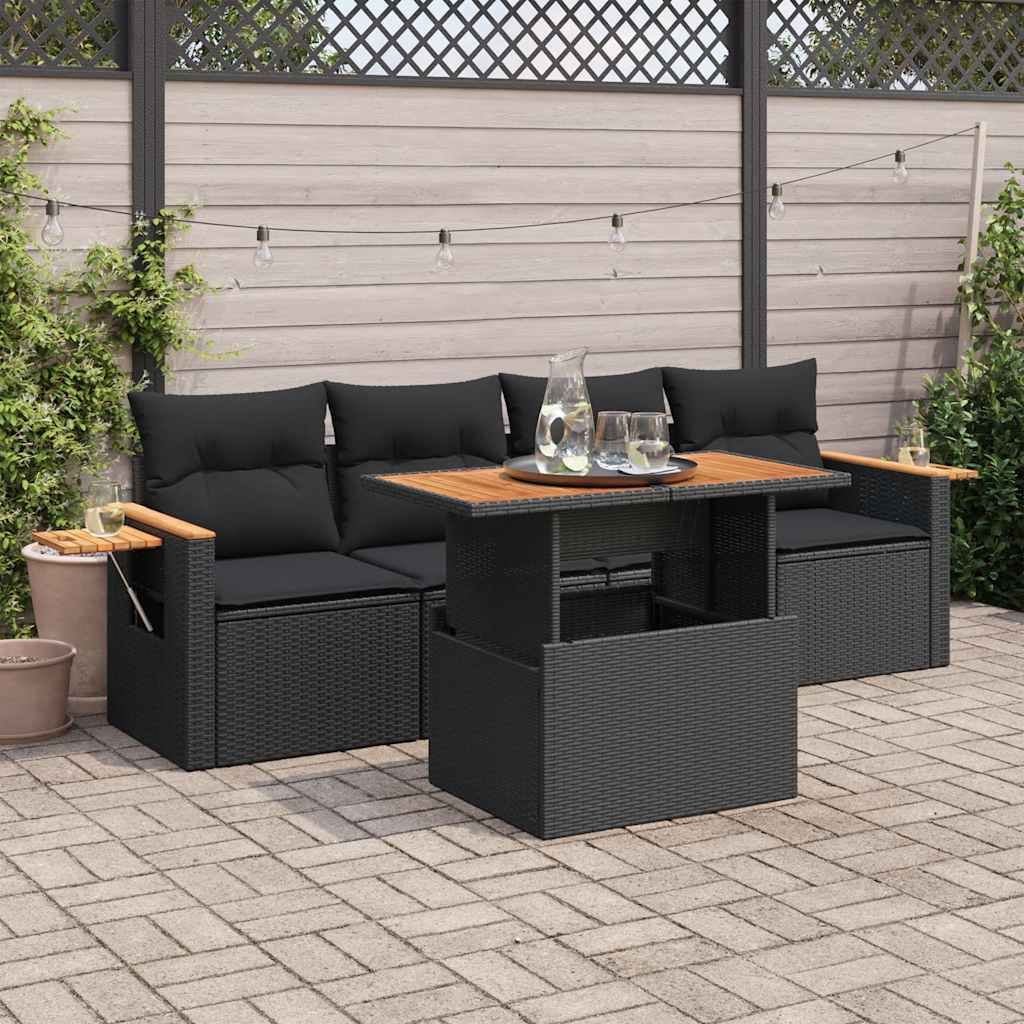 "2026 Promotion" 5tlg. Garten-Sofagarnitur/Terrassenmöbel - mit Kissen - Schwarz Poly Rattan Akazie - Gartenmöbelset CC18350