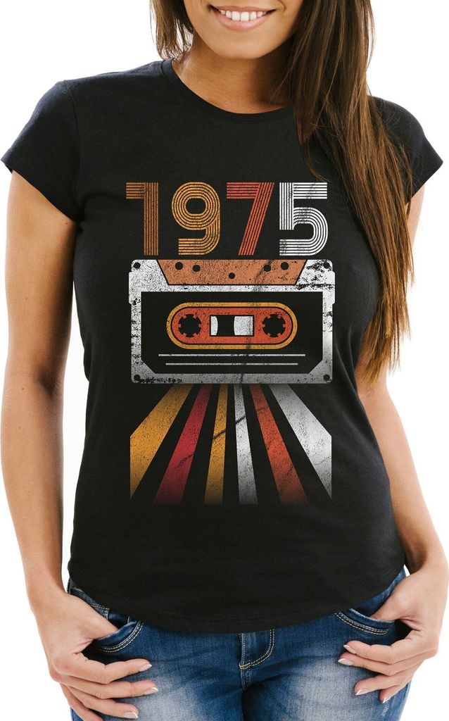 Damen T- Shirt Geburtstag, Retro Aufdruck Kassette Geburtsjahr 1970 bis 1979 lustiges Geschenk für Frauen MoonWorks 1975 schwarz XL