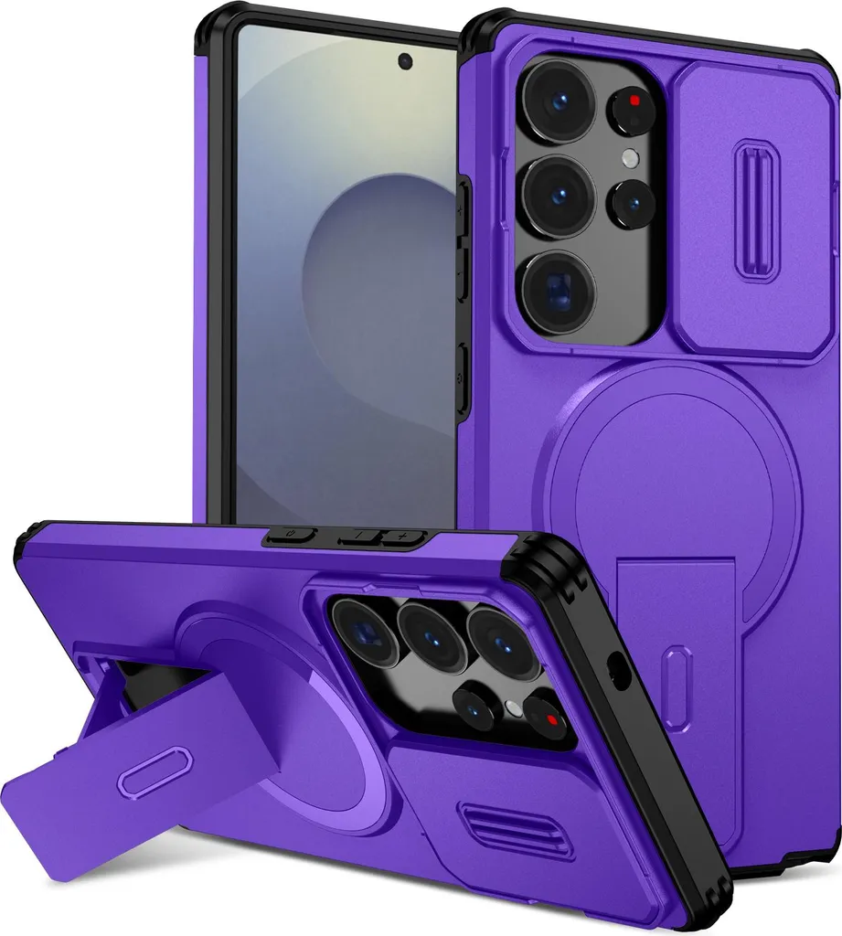 Custodia magnetica per Samsung Galaxy S23 Ultra, custodia resistente a due strati con protezione fotocamera scorrevole e supporto regolabile Viola