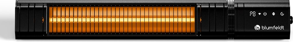 A black infrared heater with glowing gold heating elements, mounted on a white background.