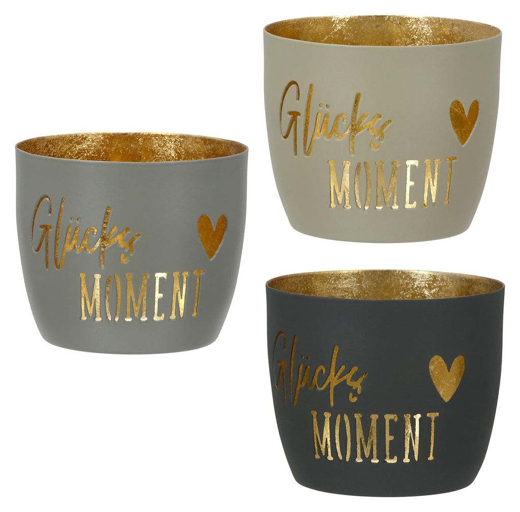 Gilde Windlicht, "Glücksmoment", Schriftzug, Metall, beige, Produktbild 