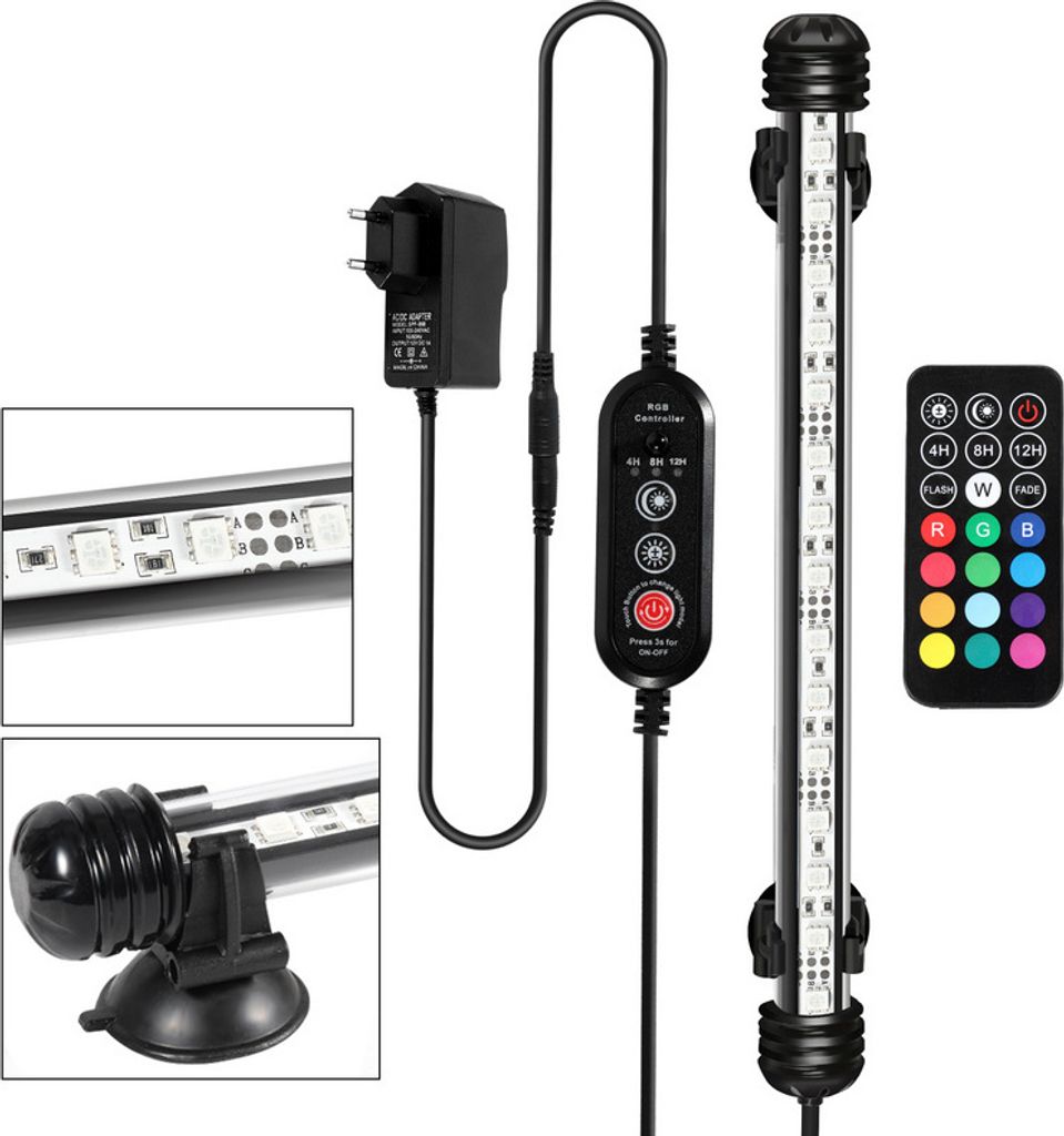 A product shot of an LED aquarium light with its accessories.