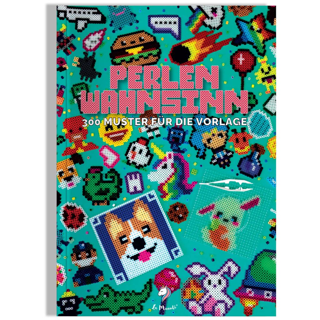 A book cover with many pixelated cartoon characters and objects made of beads.