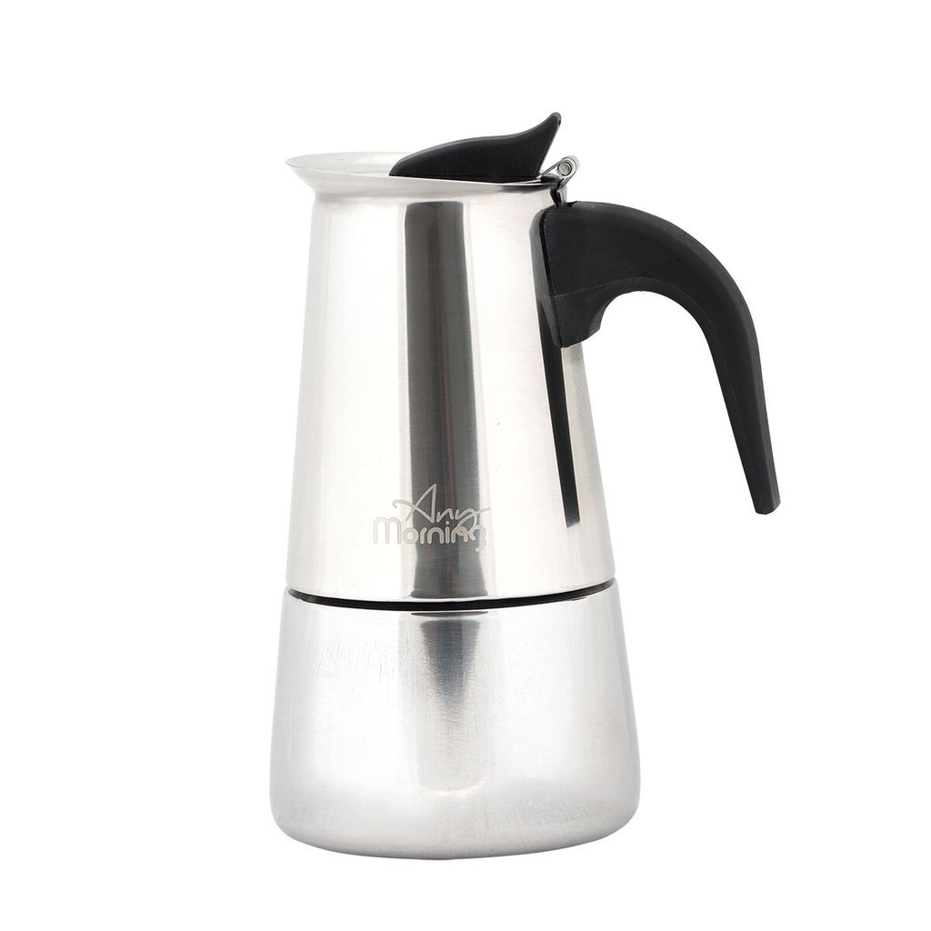 A silver moka pot with a black handle and lid is shown against a white background.