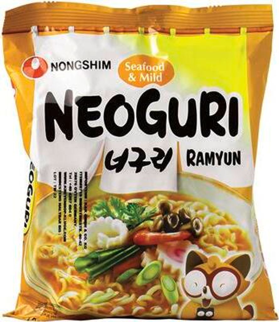 A package of Nong Shim Neoguri Seafood & Mild Ramyun noodles.