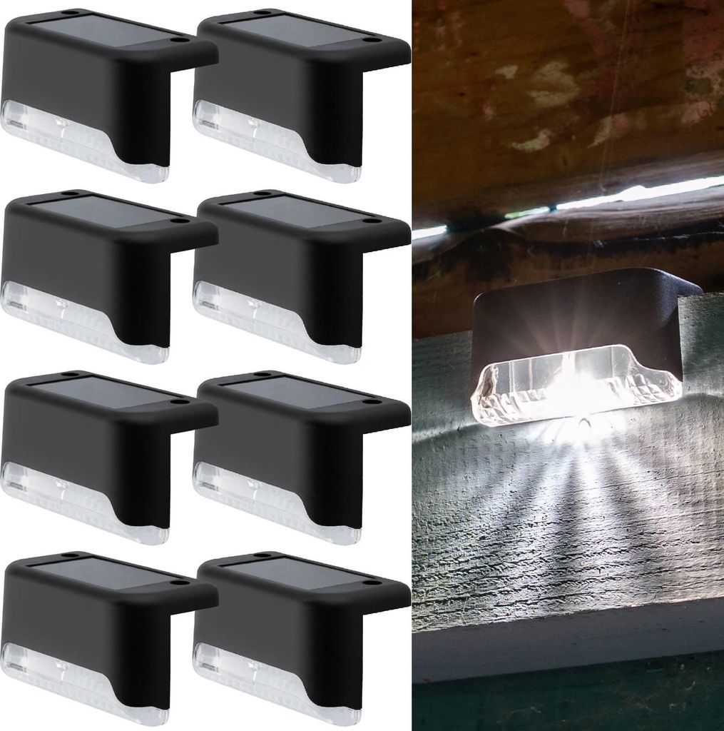 A collage of solar-powered fence lights, with one light shown installed and illuminating a wooden surface.
