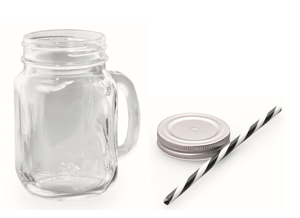 Trinkglas mit Deckel und Trinkhalm silber schwarz Produktbild 