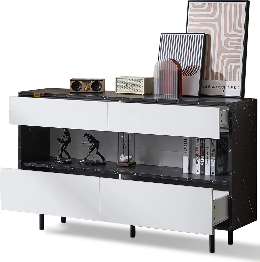 Buffet bas 4 tiroirs à LED commode de salon effet marbre blanc - 5