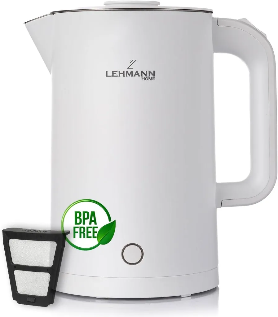 Bollitore elettrico da 1,7 l in acciaio inox, 2200 W, a doppia parete, senza BPA, base a 360°, spegnimento automatico, display a LED, ideale per tè, caffè e alimenti per bambini