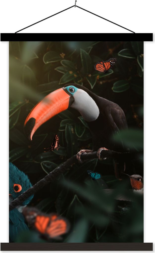 MuchoWow Textilposter Tukan - Vogel - Schmetterling 40x60 cm mit schwarzem Rahmen - Wanddekorationen